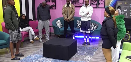 The Big Brother Mzansi Season 6 Bazozwa nominated housemates of week 9 standing in the lounge