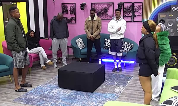 The Big Brother Mzansi Season 6 Bazozwa nominated housemates of week 9 standing in the lounge
